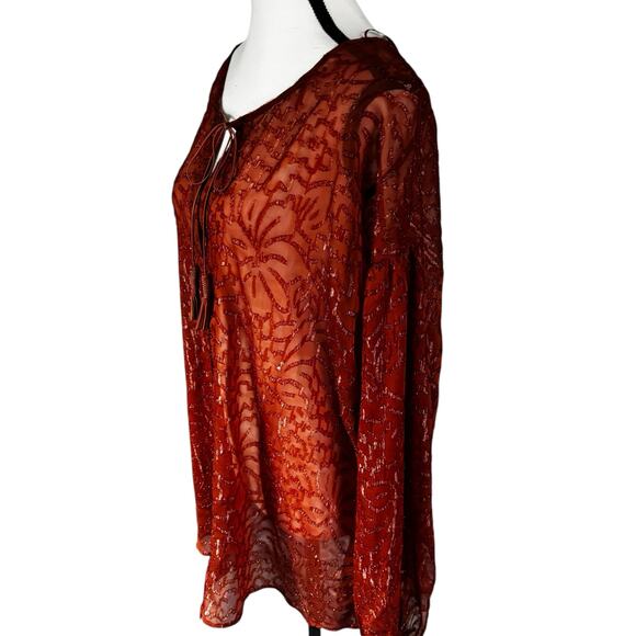 Lane Bryant Blouse Womens 14/16 Burnt Orange Sheer Boho Peasant Top Long Sleeve - Picture 4 of 11